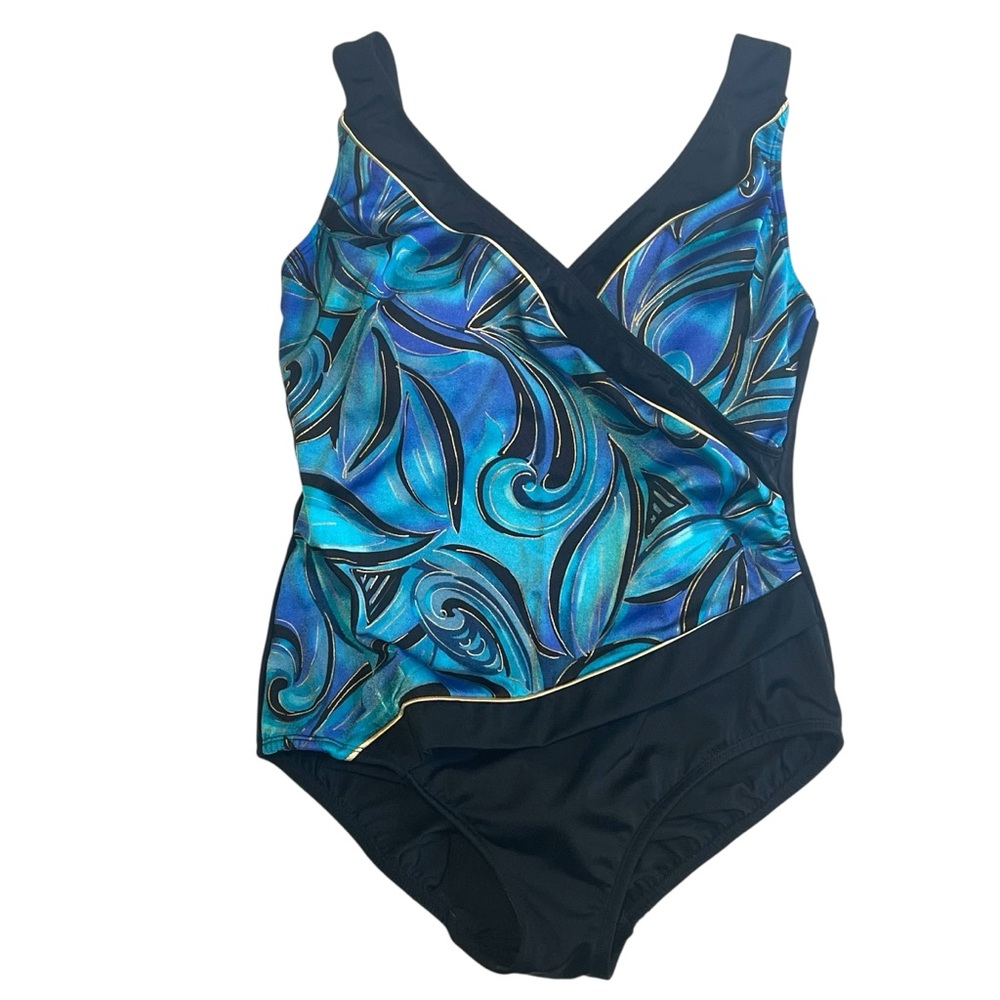 Longitude One Piece Swimsuit V-neck Blue Black Gold Swirl Wrap Slimming Size 10